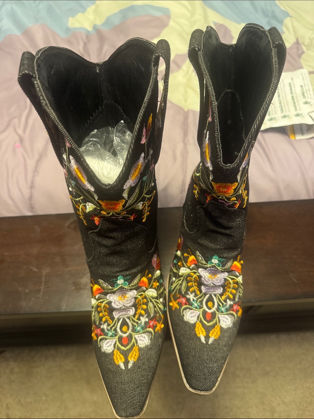Embroidered Black Pointed Toe Ankle Booties